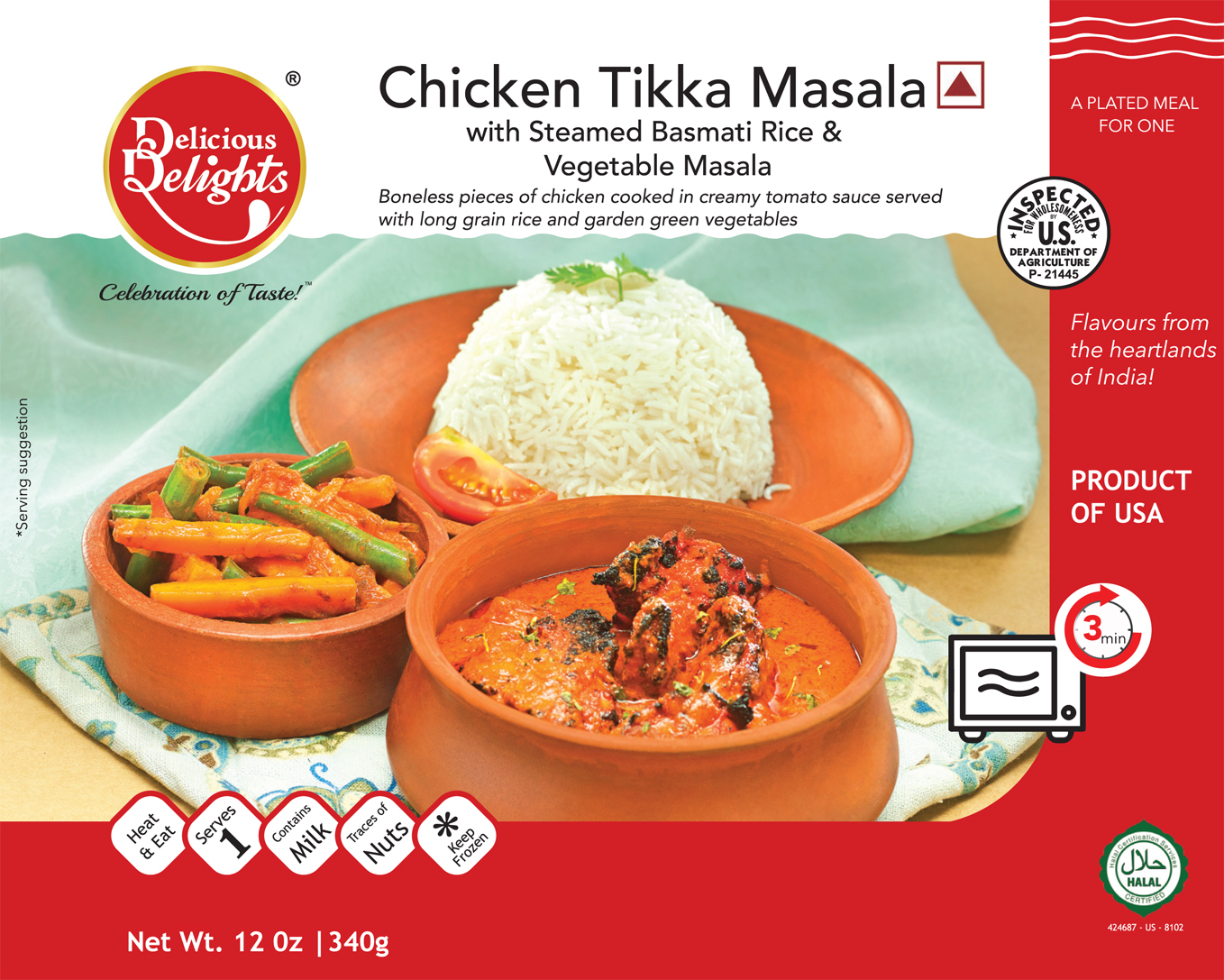 Delicious Delights Chicken Tikka Masala with Steamed Basmati Rice and Vegetable Masala