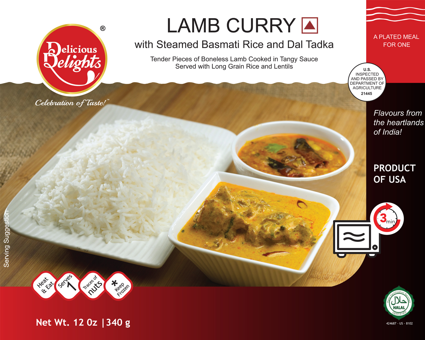 Delicious Delights Lamb Curry with Steamed Basmati Rice and Dal Tadka