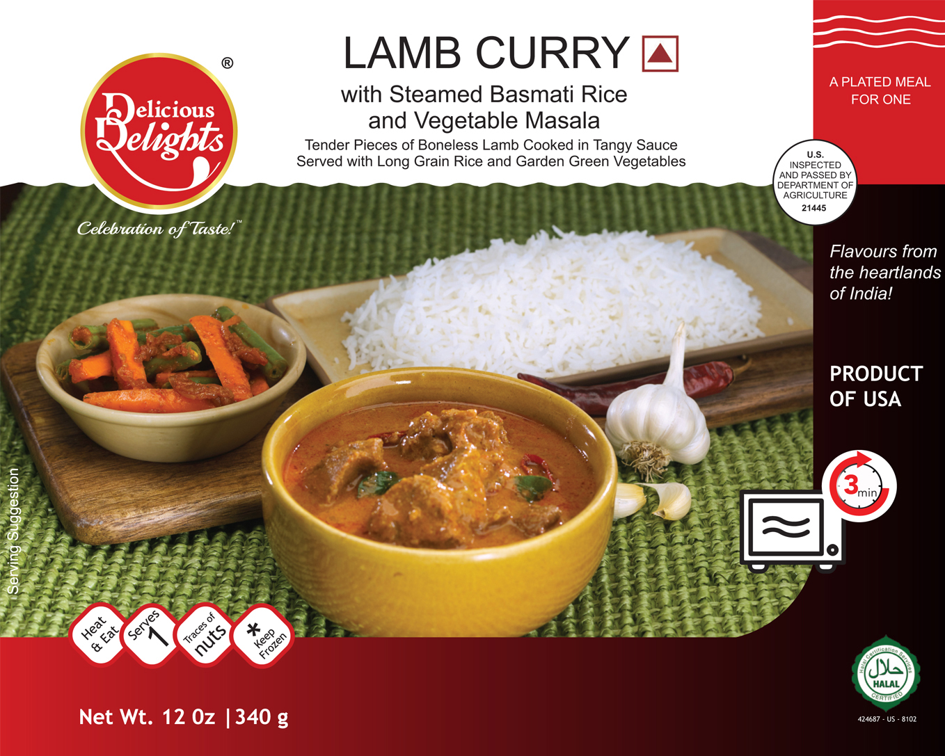 Delicious Delights Lamb Curry with Steamed Basmati Rice and Vegetable Masala