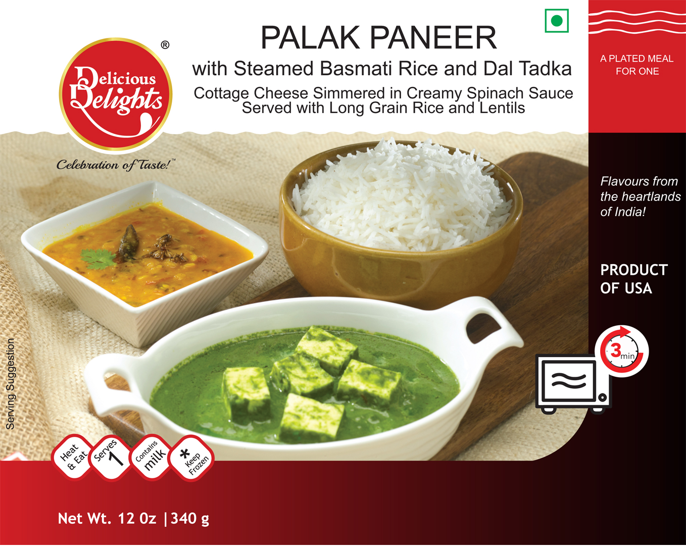 Delicious Delights Palak Paneer with Steamed Basmati Rice and Dal Tadka